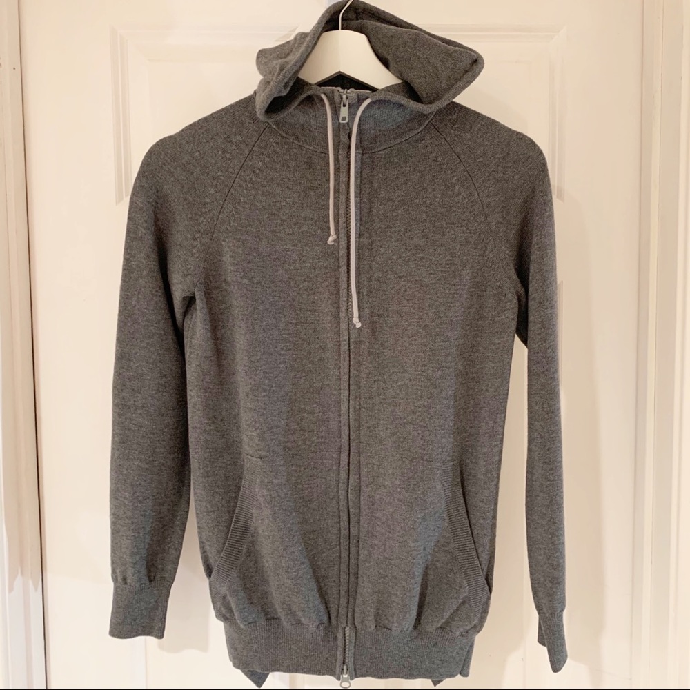 Sacai Luck Gray Hooded Melange Silk Ruffle Sweater
